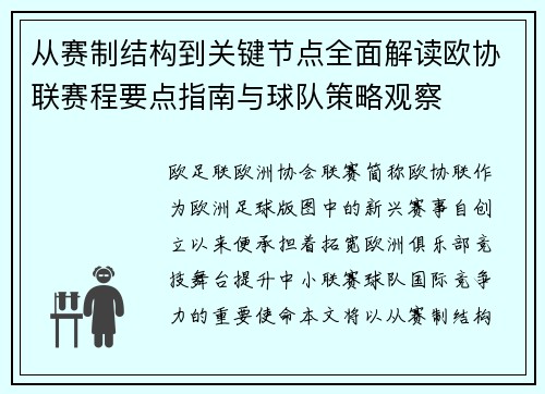 从赛制结构到关键节点全面解读欧协联赛程要点指南与球队策略观察